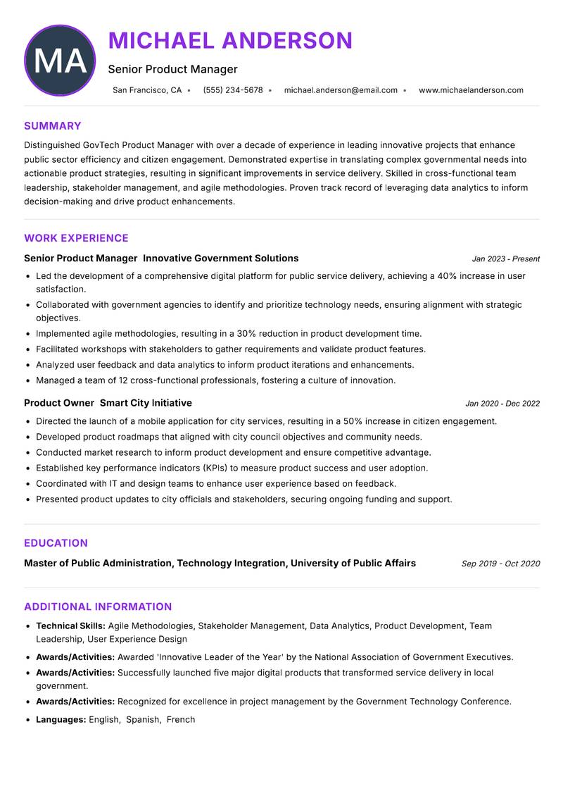 GovTech Product Manager resume example — ATS-friendly template