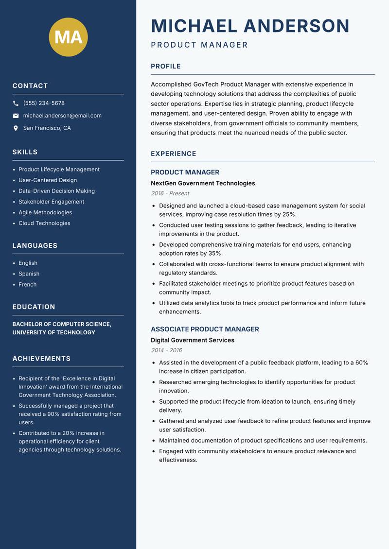GovTech Product Manager resume template — Classic Clean