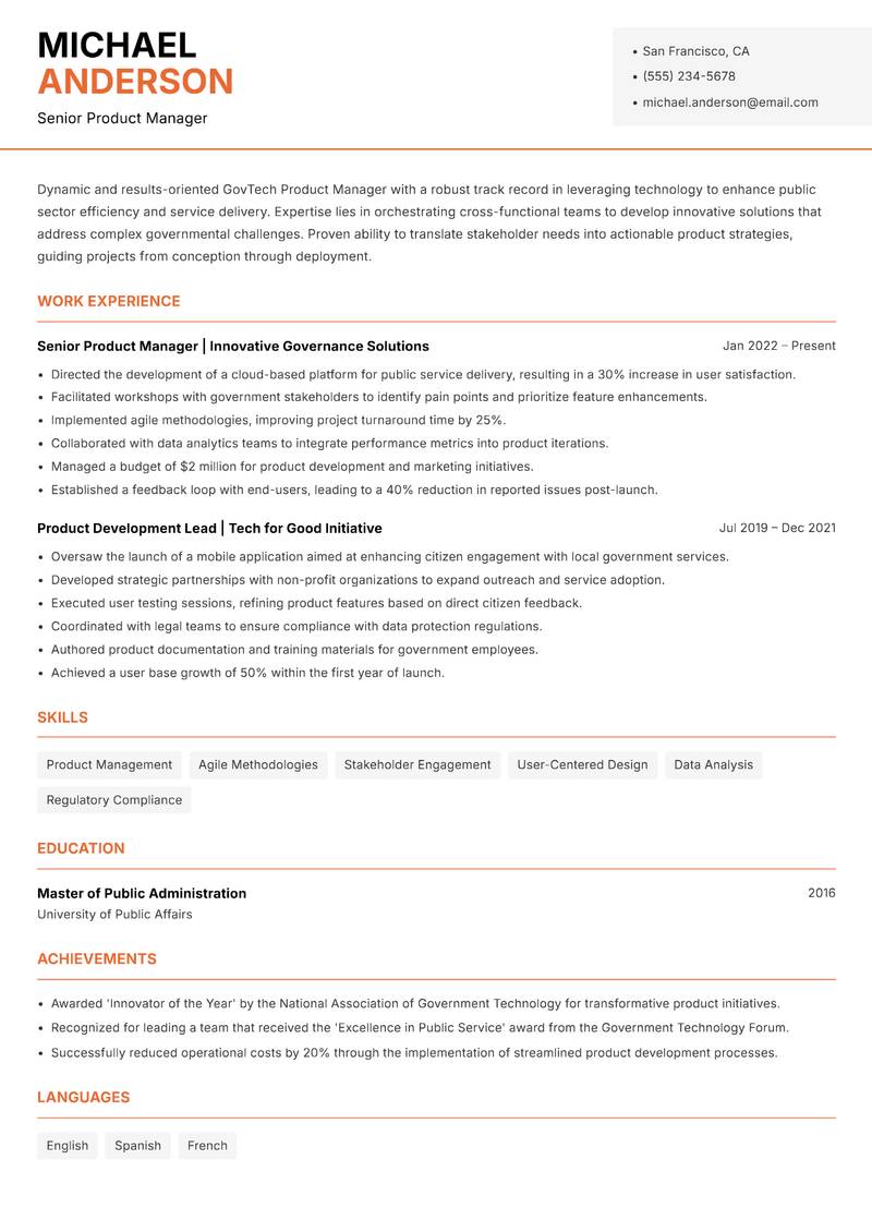 GovTech Product Manager resume template — Modern Professional