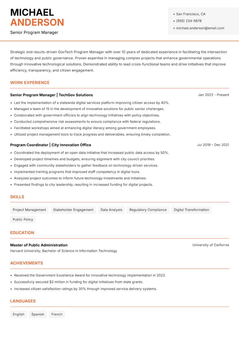 GovTech Program Manager resume template — Modern Professional