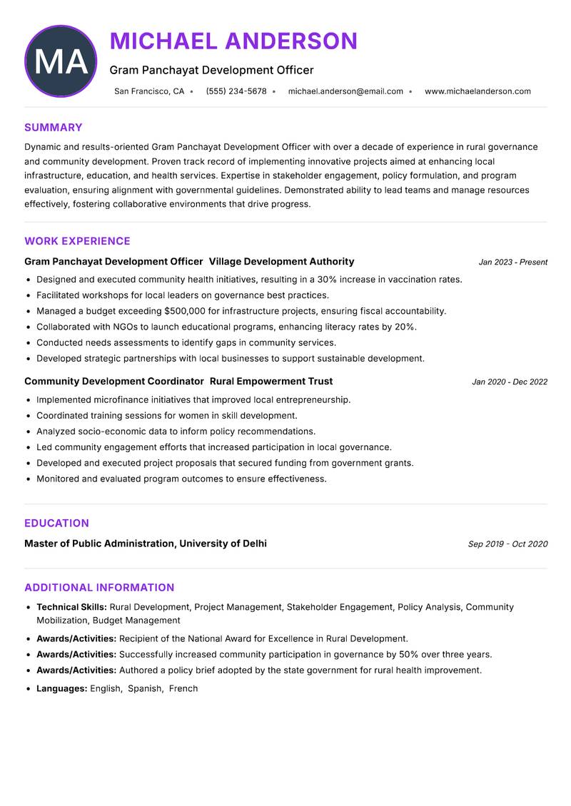 Gram Panchayat Development Officer resume example — ATS-friendly template
