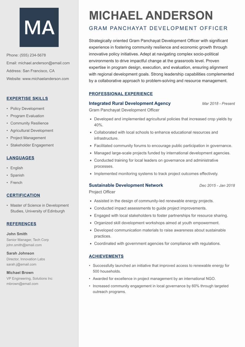 Gram Panchayat Development Officer resume template — Creative Minimal