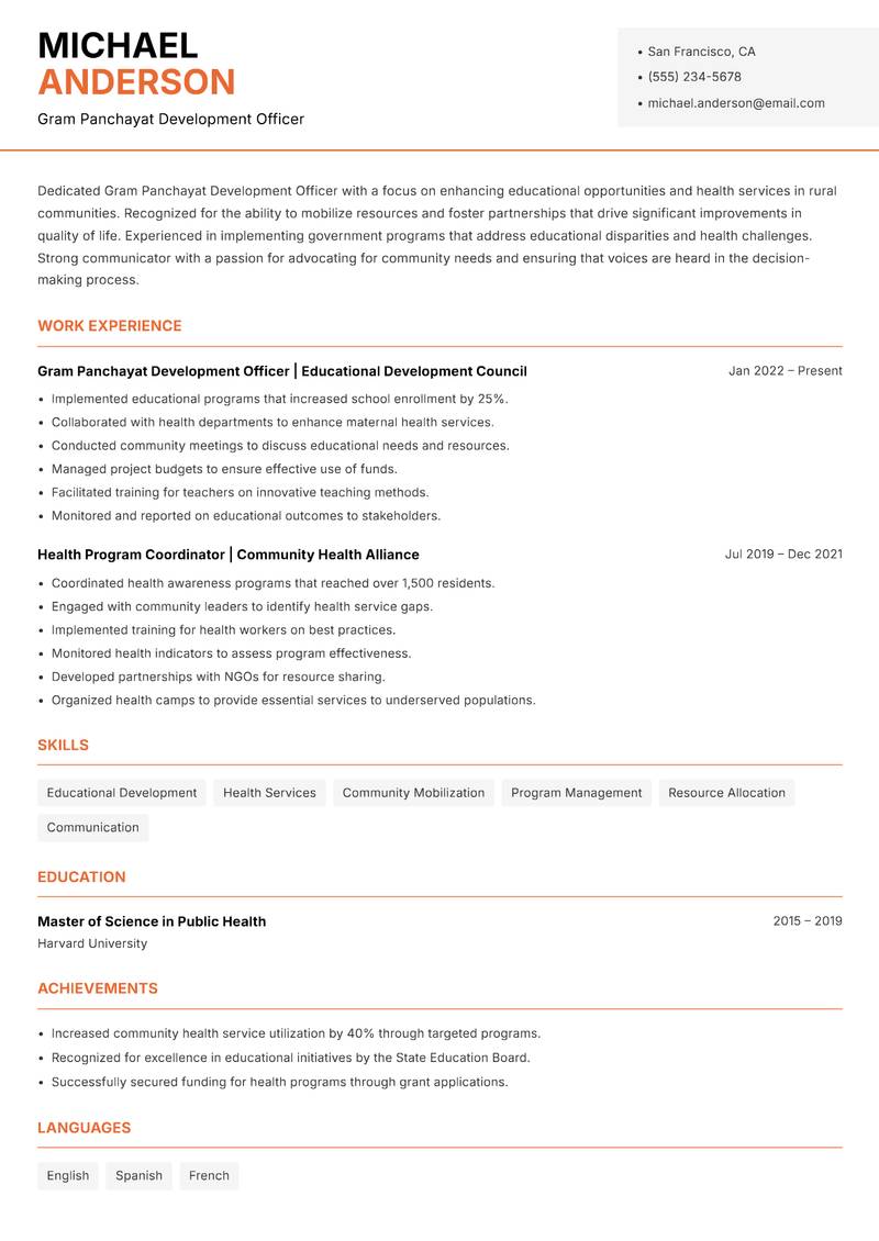 Gram Panchayat Development Officer resume template — Modern Professional