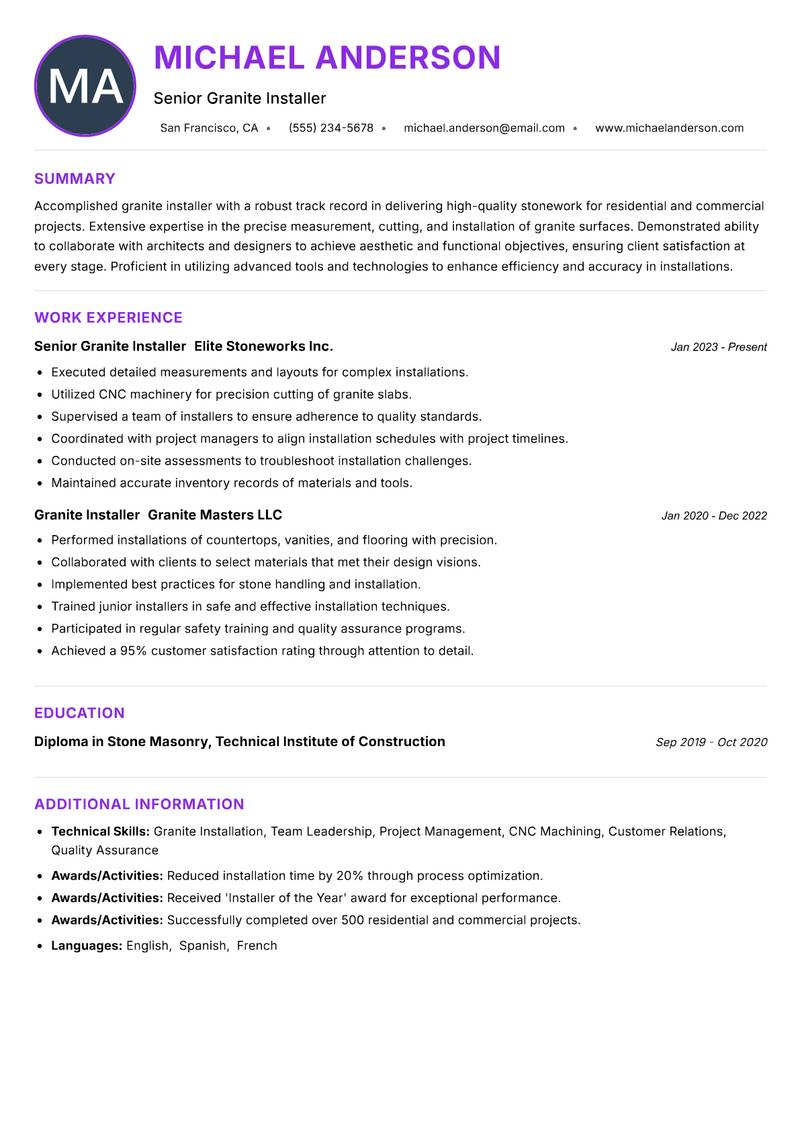 Granite Installer resume example — ATS-friendly template