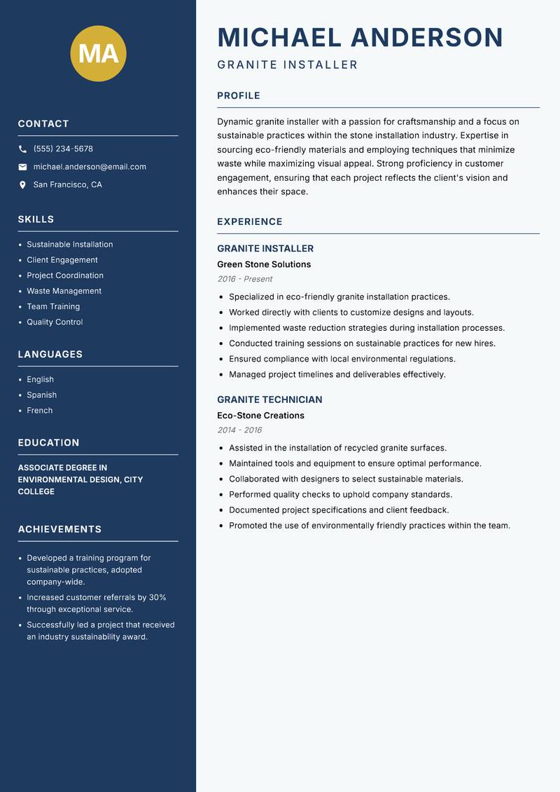 Granite Installer resume template — Classic Clean