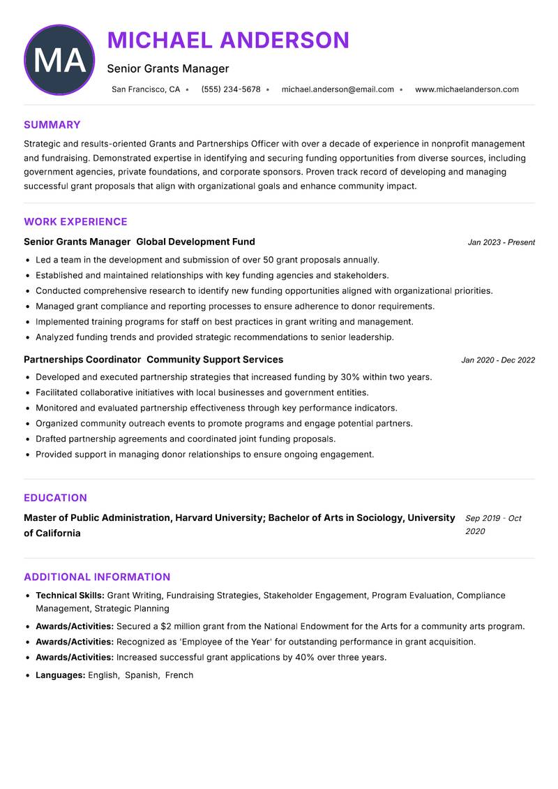 Grants and Partnerships Officer resume example — ATS-friendly template