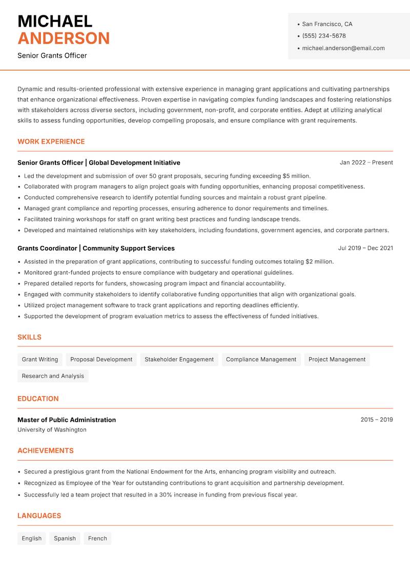 Grants and Partnerships Officer resume template — Modern Professional