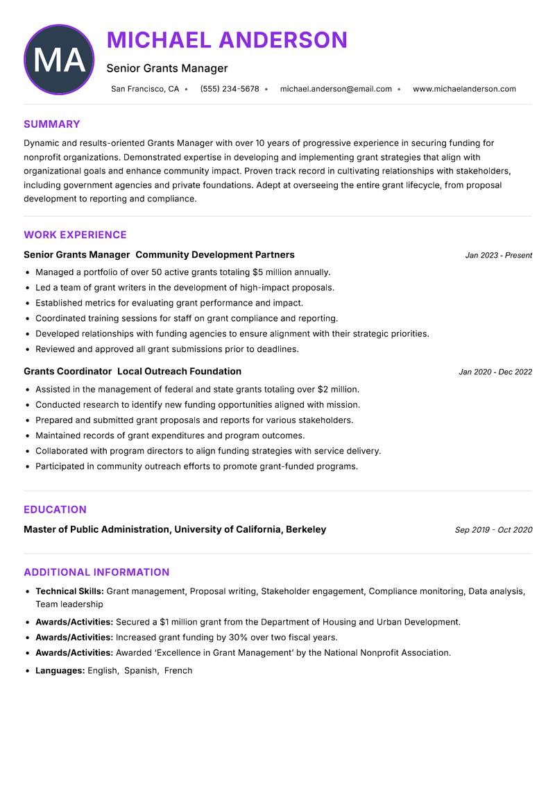 Grants Manager resume example — ATS-friendly template