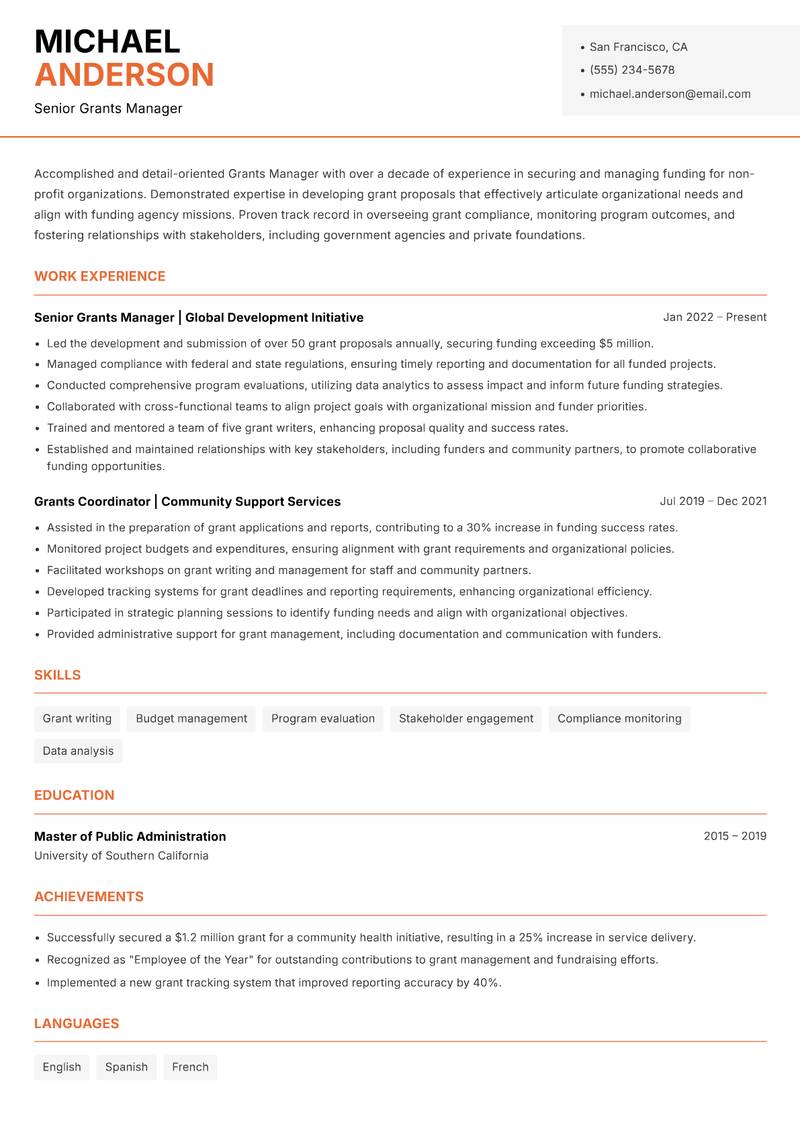 Grants Manager resume template — Modern Professional