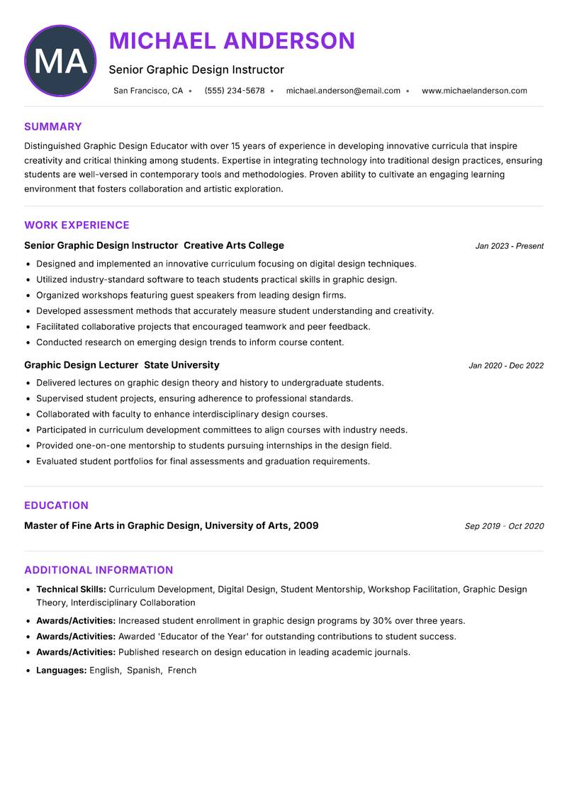 Graphic Design Educator resume example — ATS-friendly template