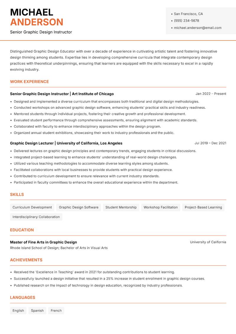 Graphic Design Educator resume template — Modern Professional