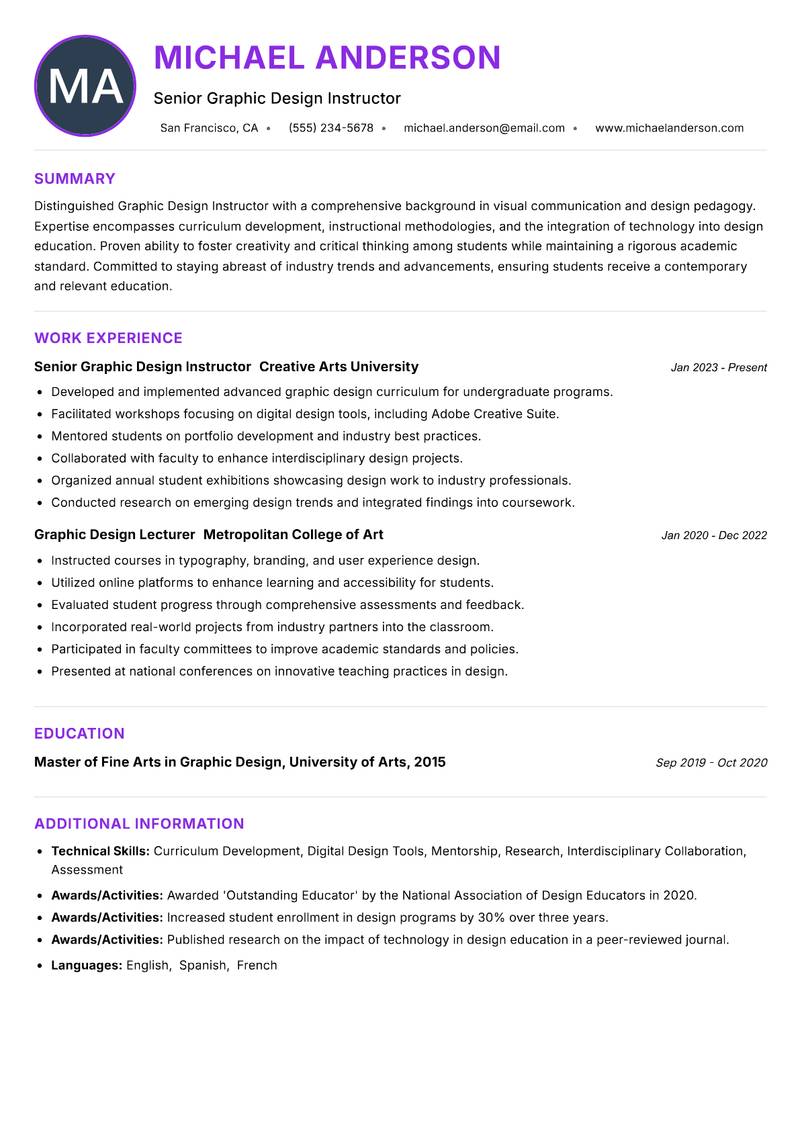 Graphic Design Instructor resume example — ATS-friendly template
