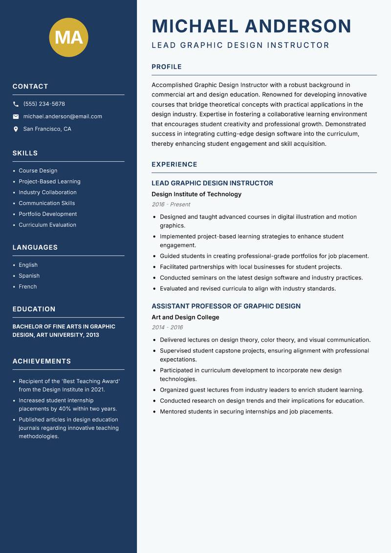 Graphic Design Instructor resume template — Classic Clean