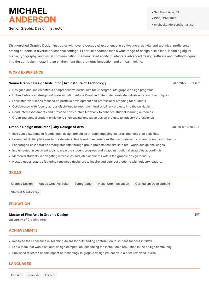 Graphic Design Instructor resume template — Modern Professional