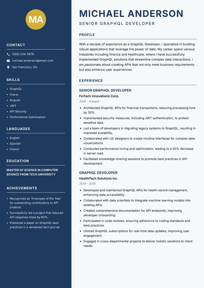 GraphQL Developer resume template — Classic Clean