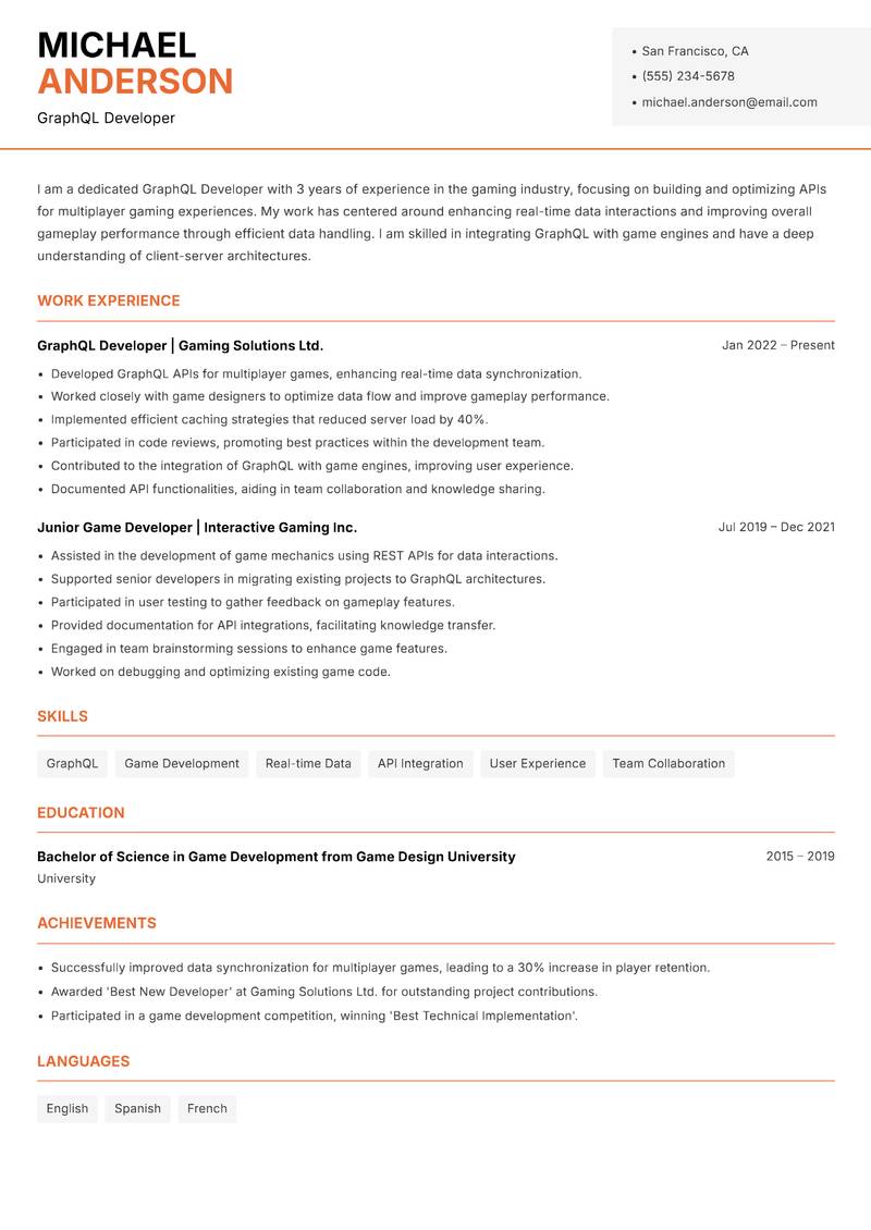 GraphQL Developer resume template — Modern Professional