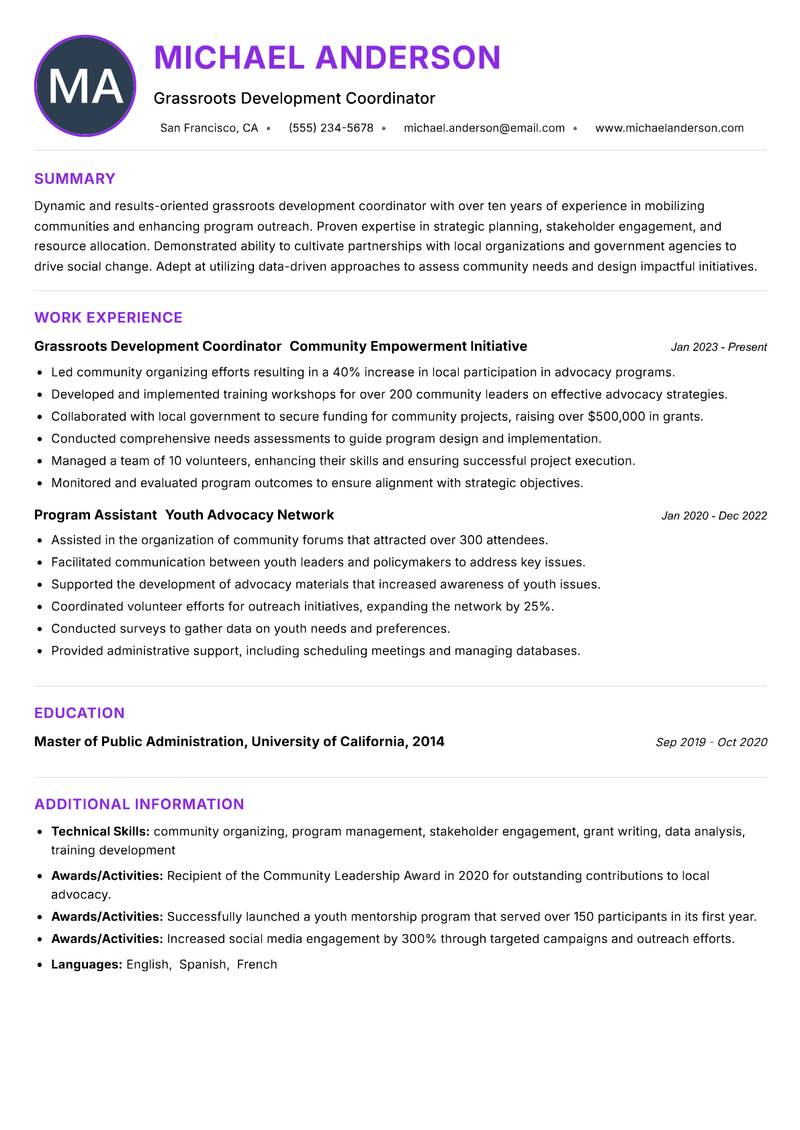 Grassroots Development Coordinator resume example — ATS-friendly template