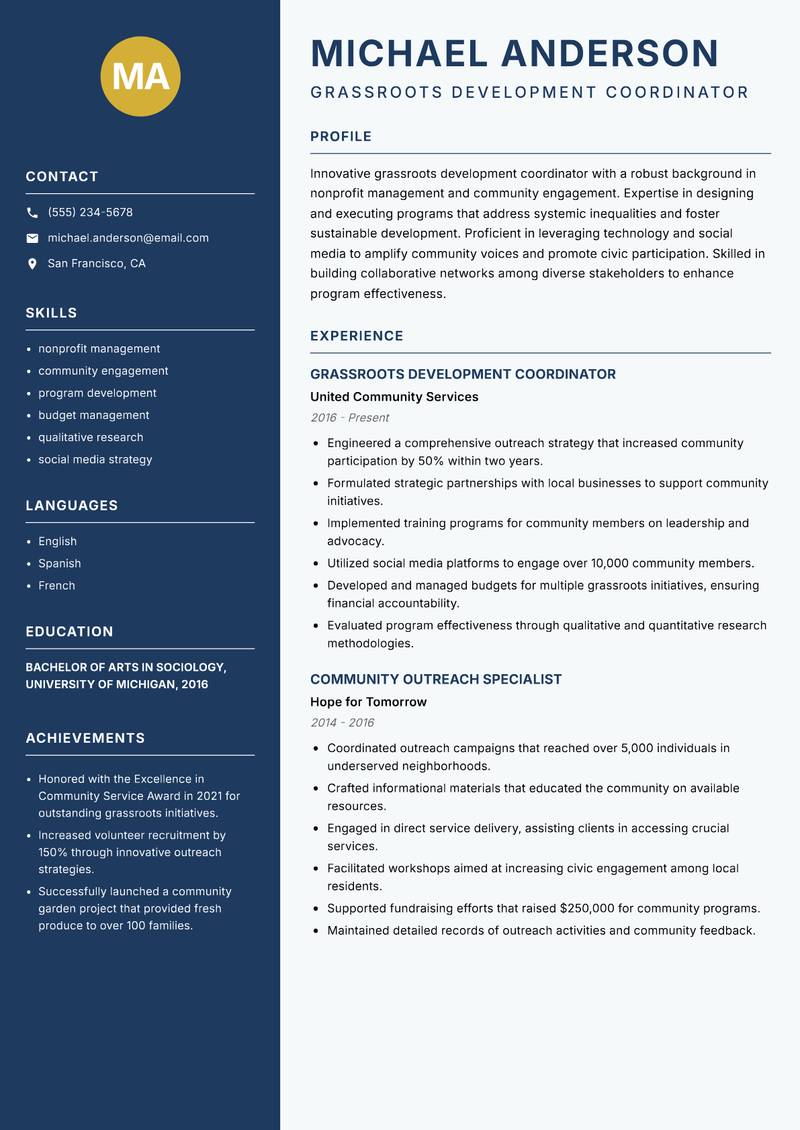 Grassroots Development Coordinator resume template — Classic Clean