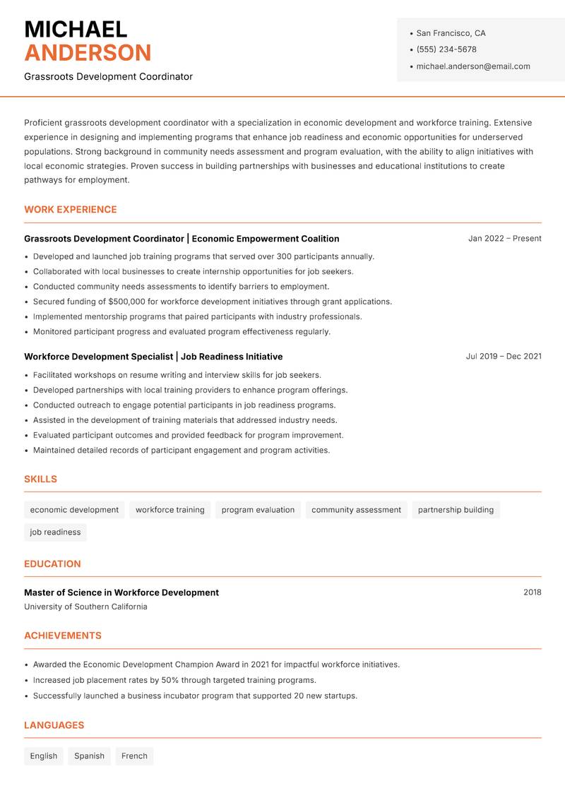 Grassroots Development Coordinator resume template — Modern Professional