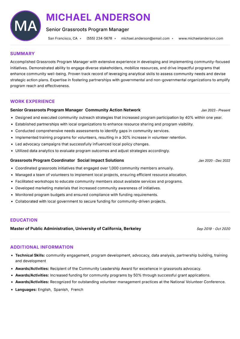 Grassroots Program Manager resume example — ATS-friendly template