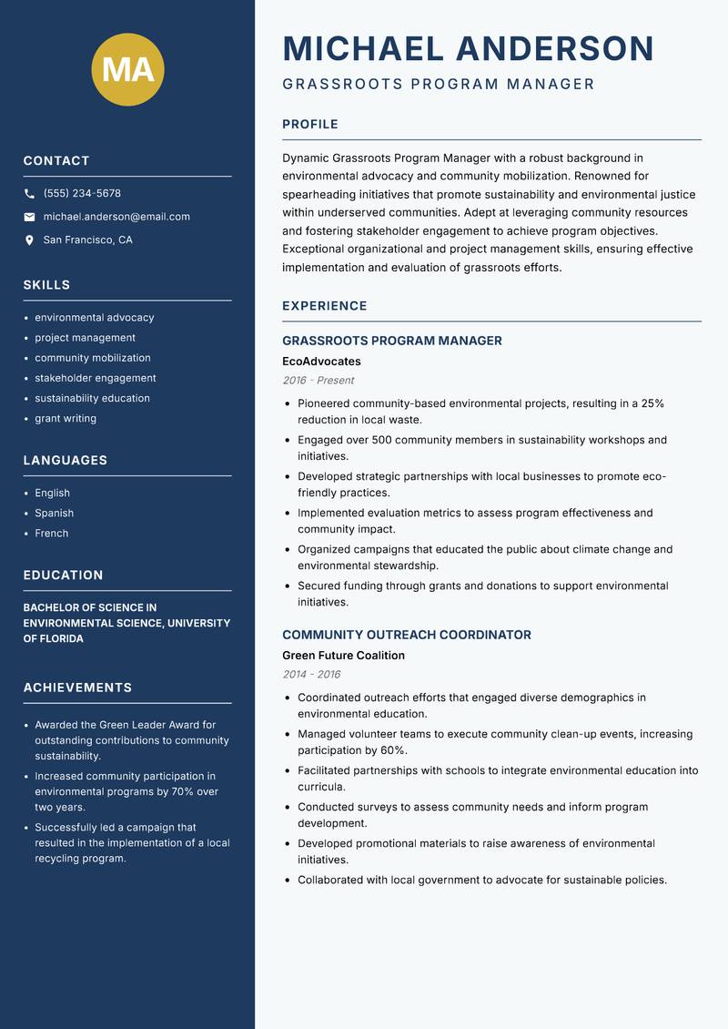 Grassroots Program Manager resume template — Classic Clean