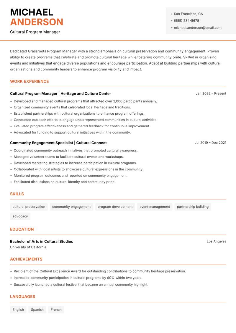 Grassroots Program Manager resume template — Modern Professional