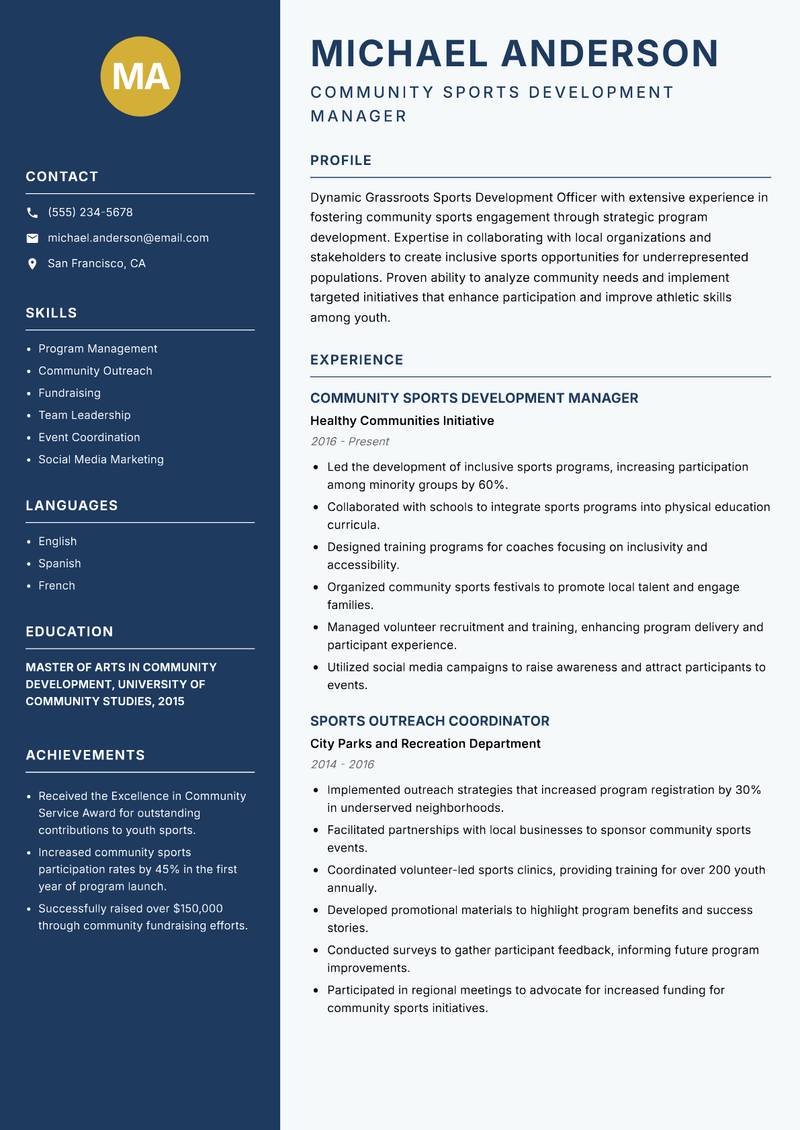 Grassroots Sports Development Officer resume template — Classic Clean
