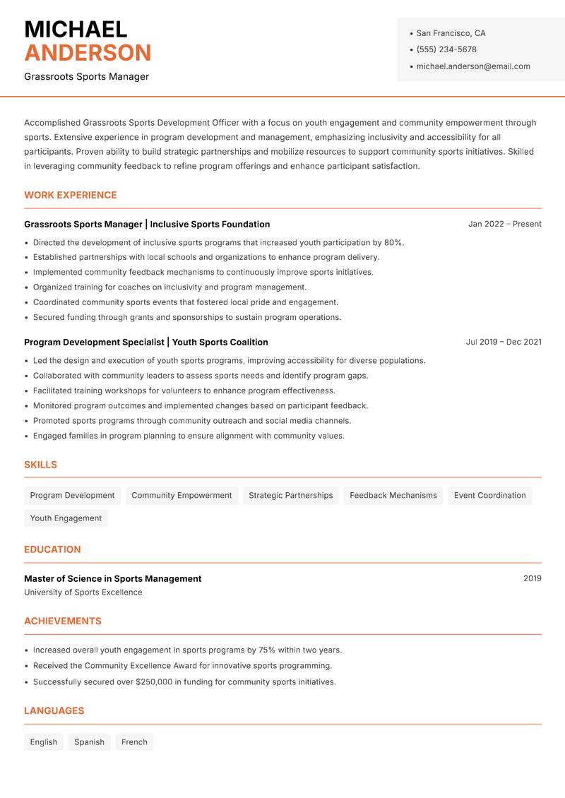 Grassroots Sports Development Officer resume template — Modern Professional