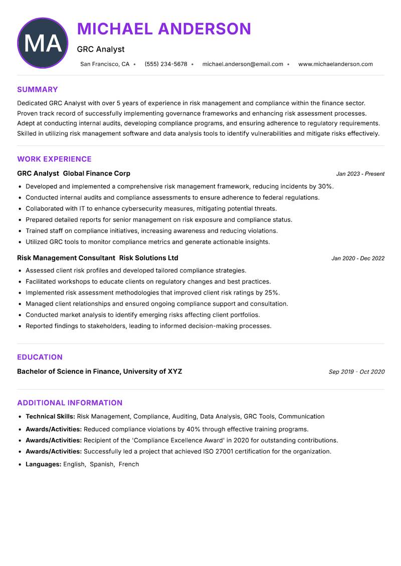 GRC Analyst resume example — ATS-friendly template