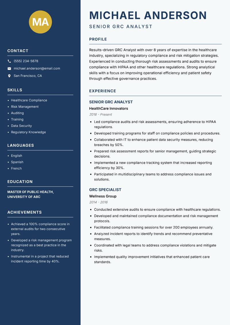 GRC Analyst resume template — Classic Clean