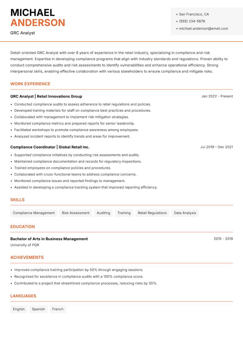 GRC Analyst resume template — Modern Professional