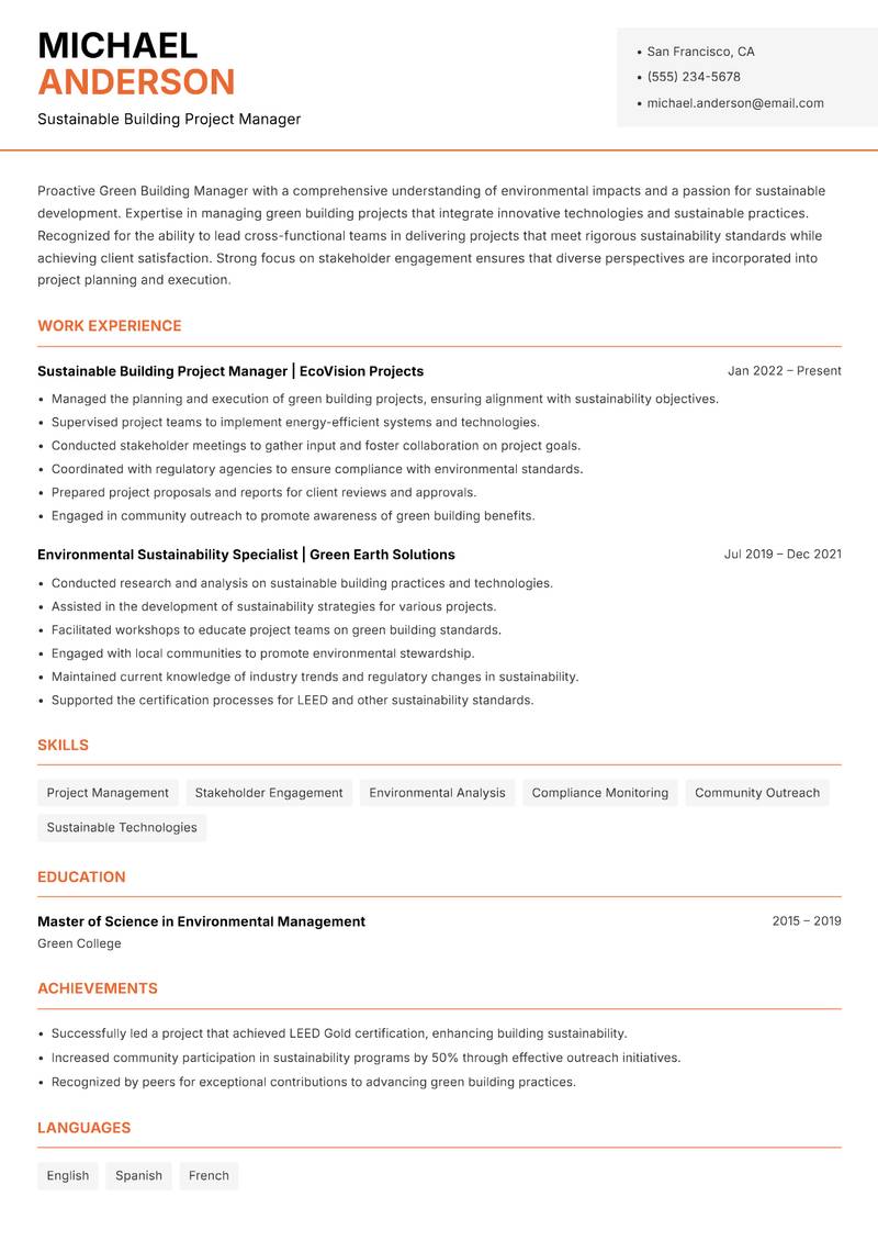 Green Building Manager resume template — Modern Professional
