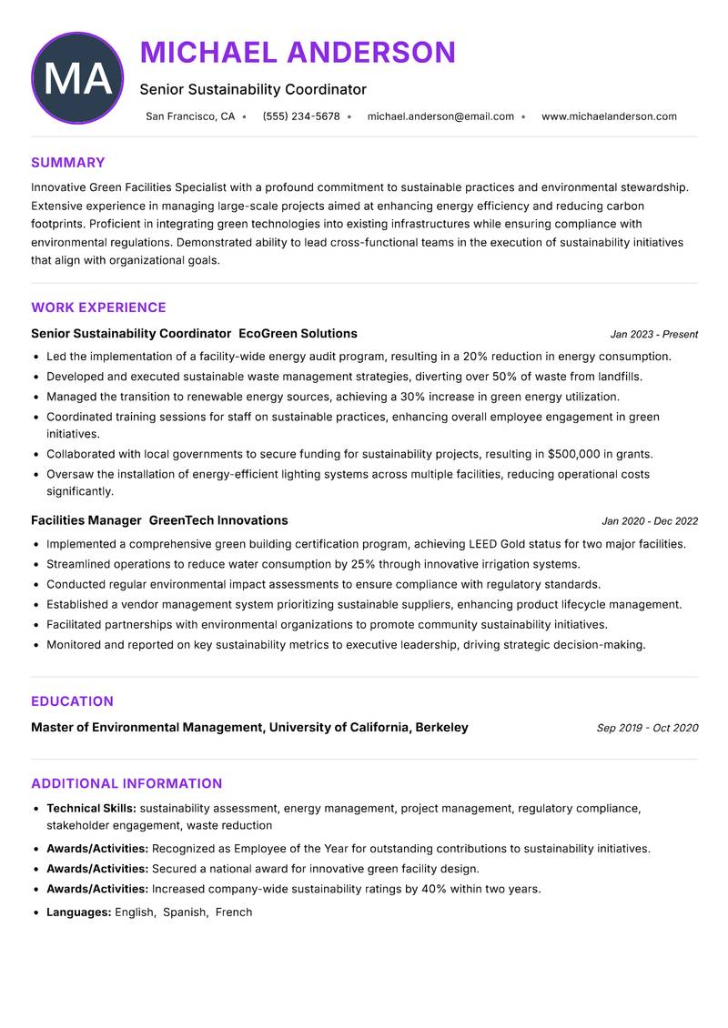 Green Facilities Specialist resume example — ATS-friendly template