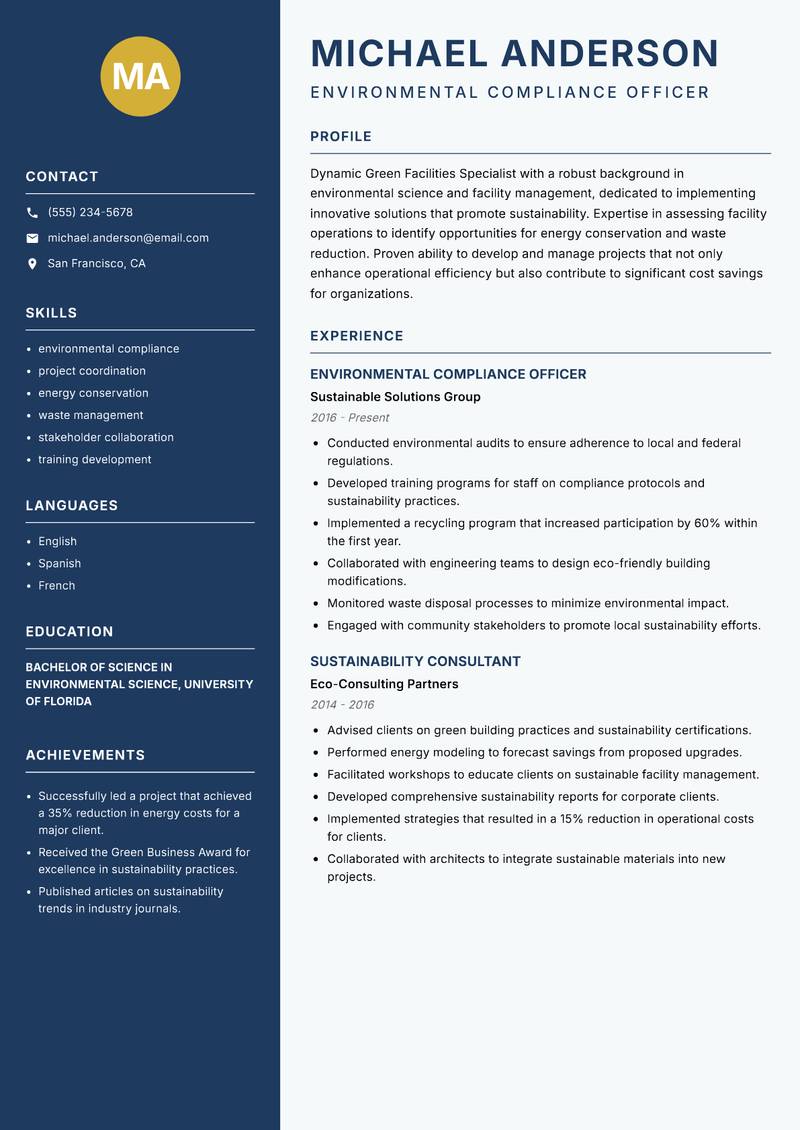 Green Facilities Specialist resume template — Classic Clean