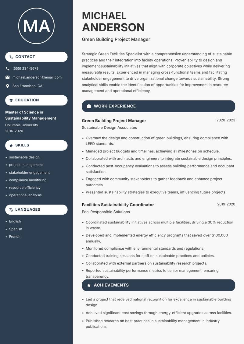 Green Facilities Specialist resume template — Compact