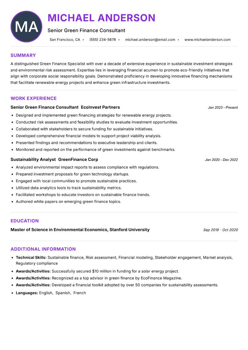 Green Finance Specialist resume example — ATS-friendly template
