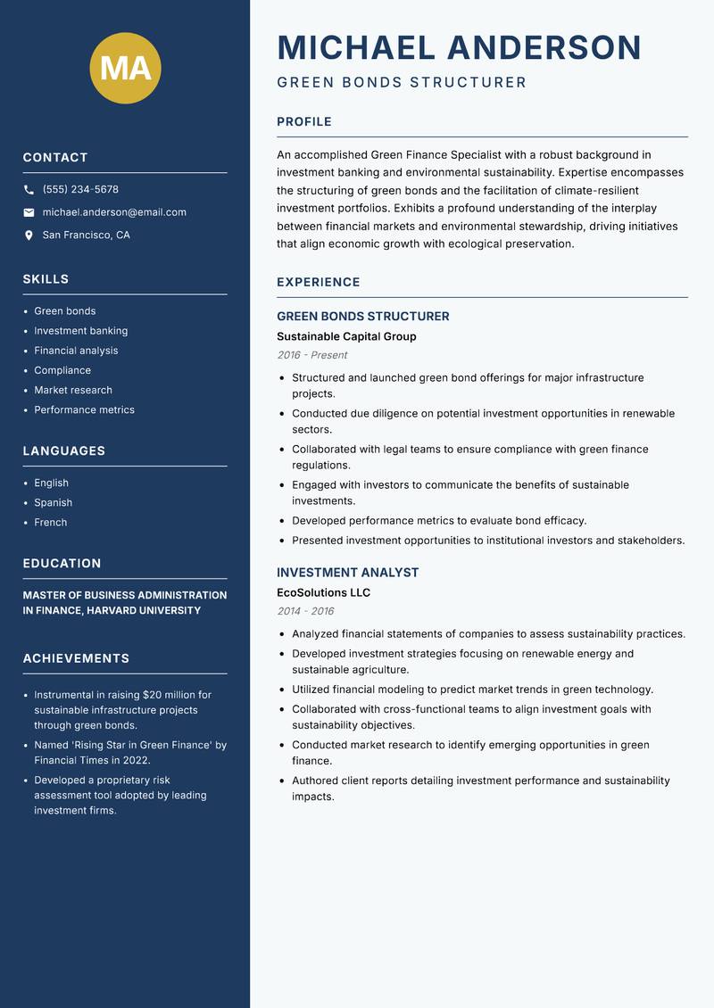Green Finance Specialist resume template — Classic Clean