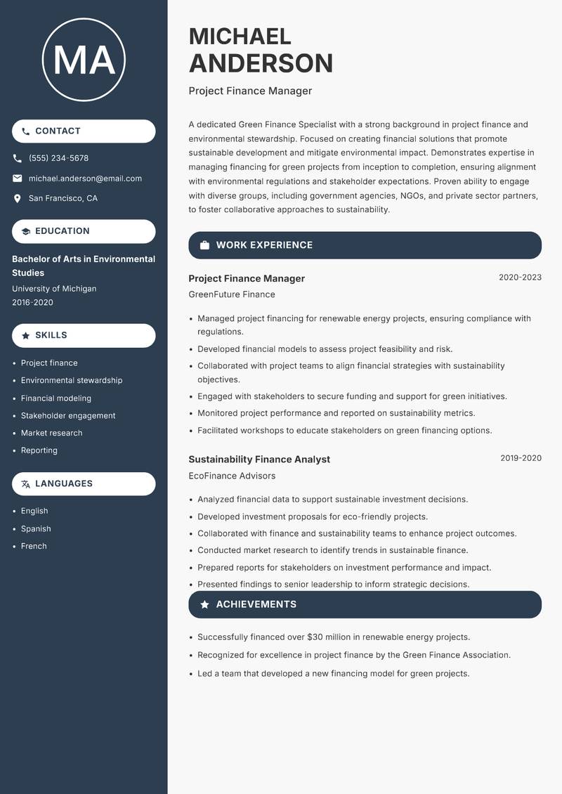 Green Finance Specialist resume template — Compact