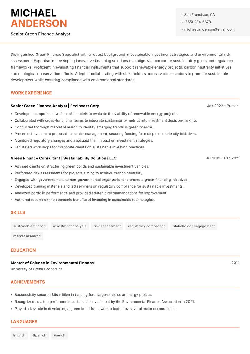Green Finance Specialist resume template — Modern Professional