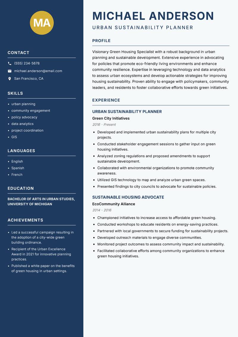 Green Housing Specialist resume template — Classic Clean