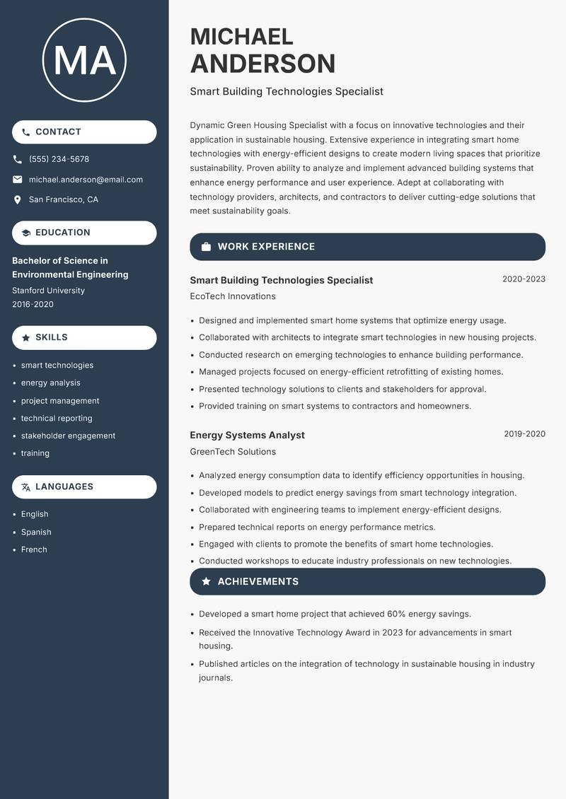 Green Housing Specialist resume template — Compact