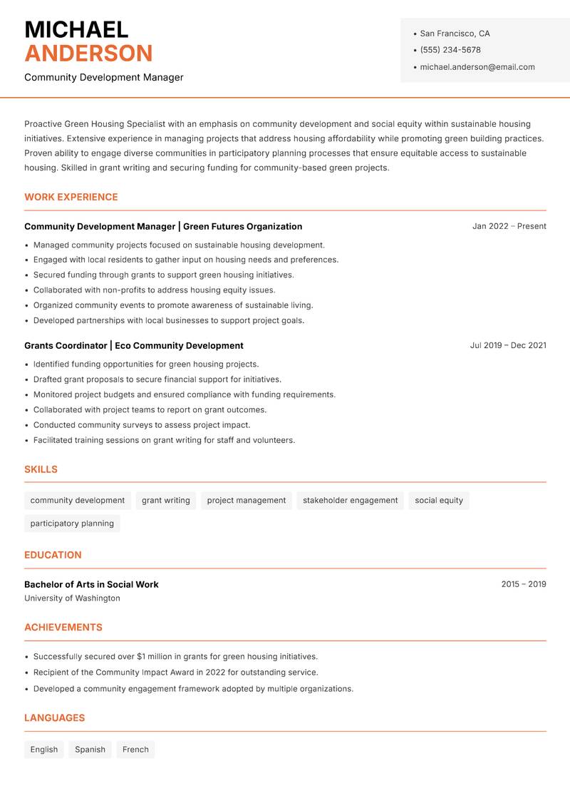 Green Housing Specialist resume template — Modern Professional