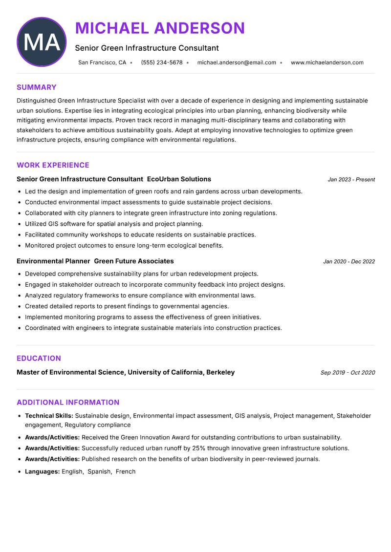 Green Infrastructure Specialist resume example — ATS-friendly template