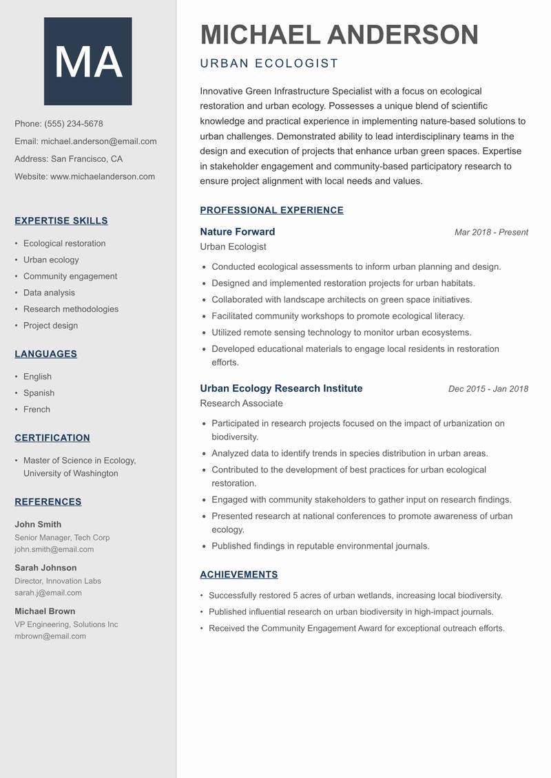 Green Infrastructure Specialist resume template — Creative Minimal