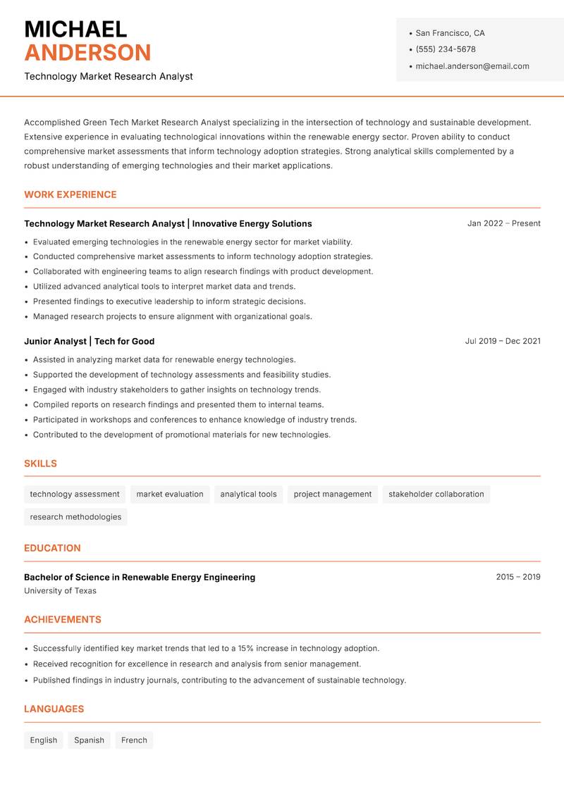 Green Tech Market Research Analyst resume template — Modern Professional