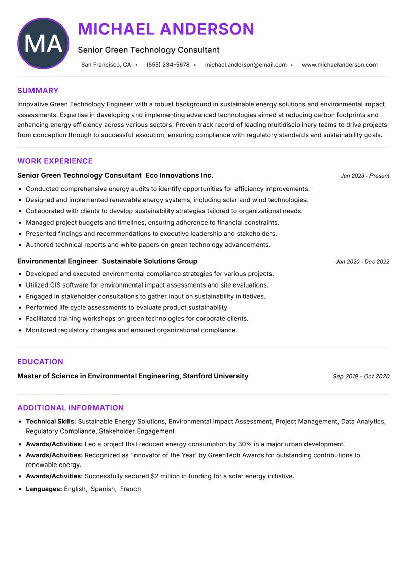 Green Technology Engineer resume example — ATS-friendly template