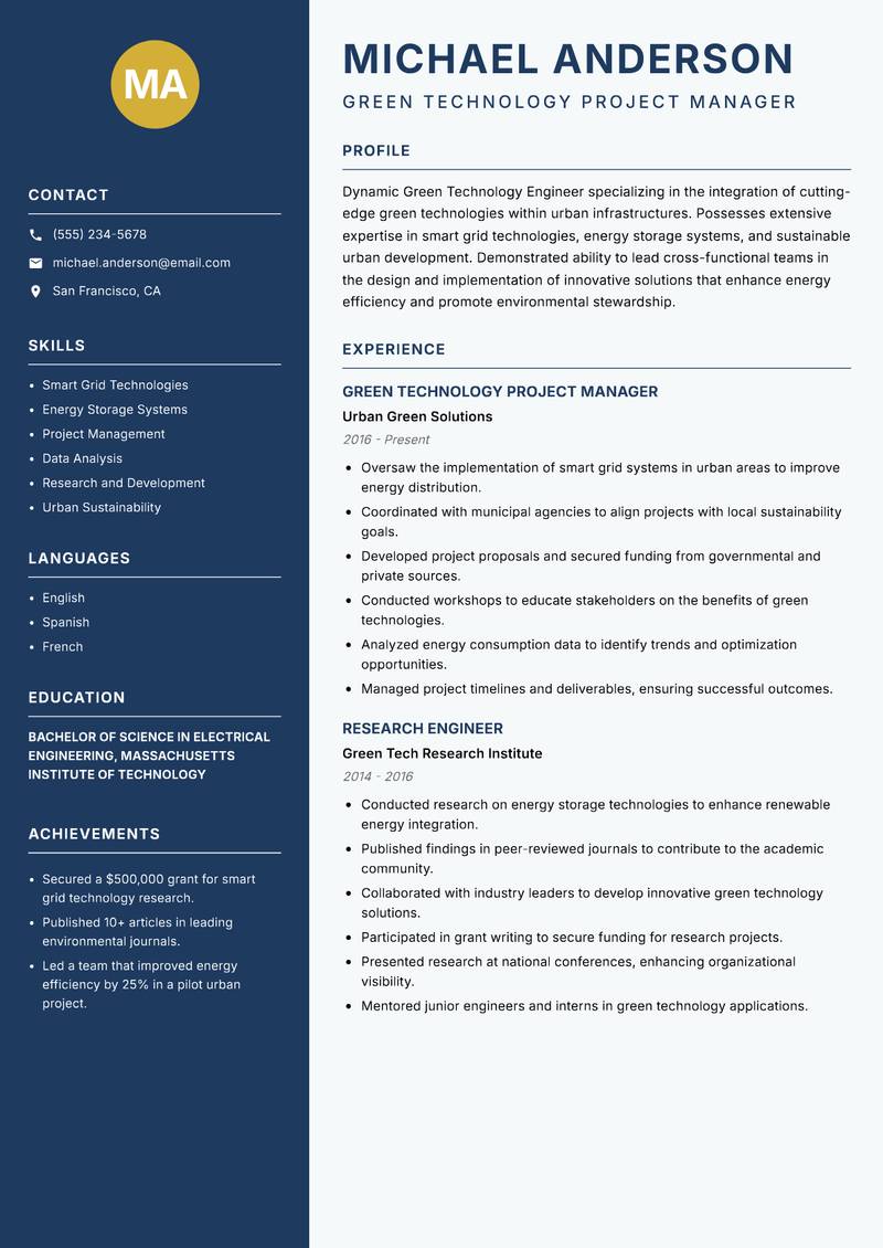 Green Technology Engineer resume template — Classic Clean
