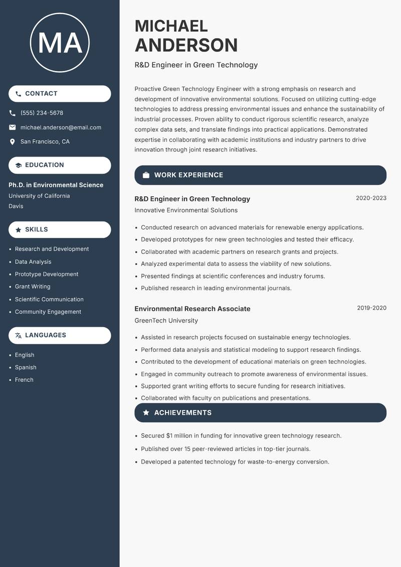 Green Technology Engineer resume template — Compact