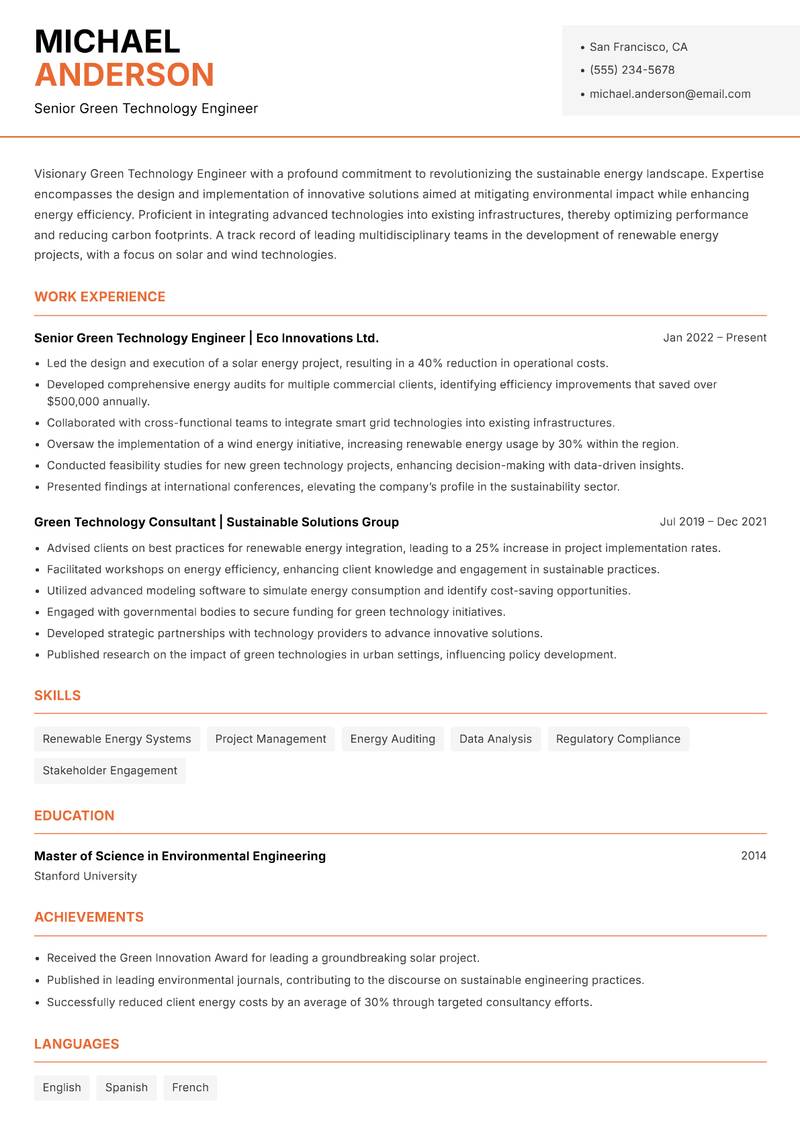 Green Technology Engineer resume template — Modern Professional
