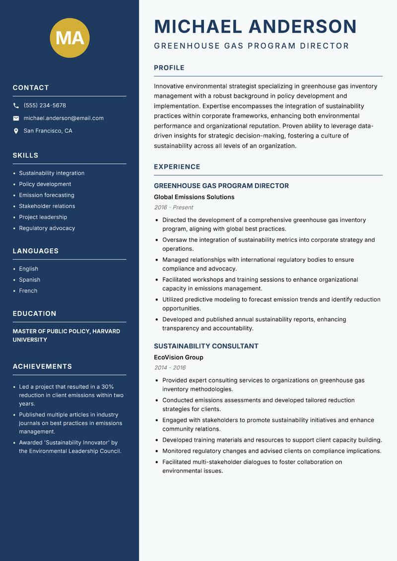 Greenhouse Gas Inventory Manager resume template — Classic Clean